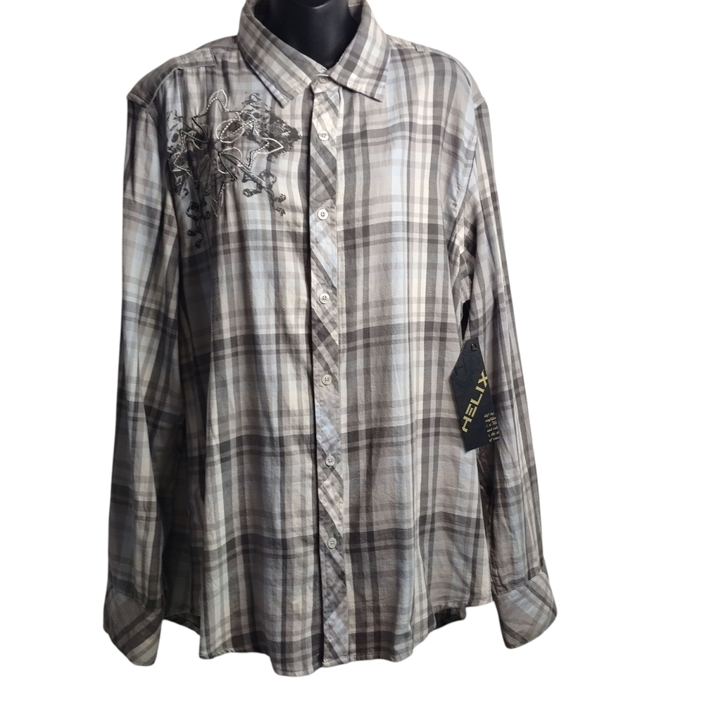 Helix Mens Gray Plaid Embroidered Button Down Long Sleeve Shirt Sz X-large NWT